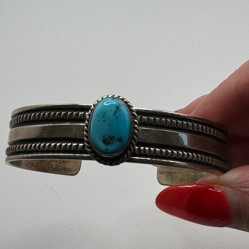 Women's Navajo .925 Silver Blue Natural Turquoise Artist Signed Harold J. - Picture 5 of 7